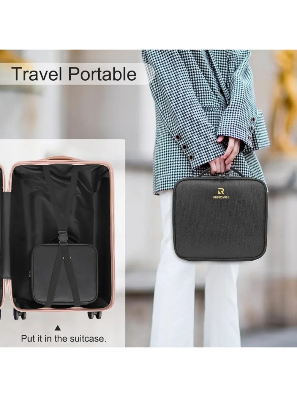Portable Travel Makeup Organizer Case with Adjustable Dividers for Cosmetics